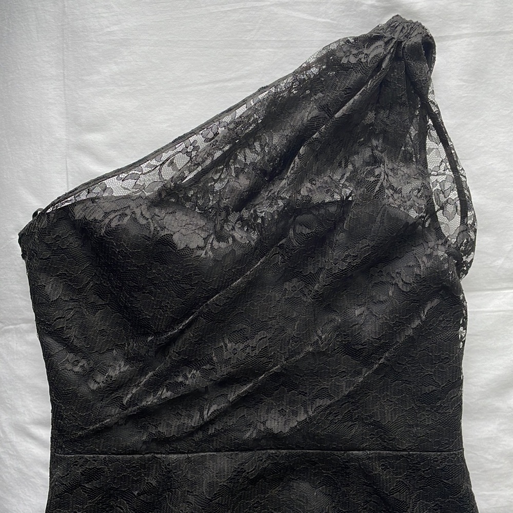 Black lace one shoulder made to measure bridesmaid dress. Size 6. Worn once.